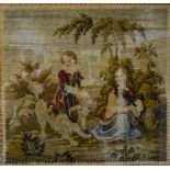 Victorian woolwork tapestry, depicting a boy and girl in a landscape, 53 x 56cm.