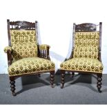 Victorian gentlemans chair, with matching ladies salon chair, stained wood frames carved top rail,