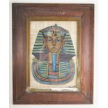 Gilt framed circular mirror, Egyptian fabric painting of an ancient mummy mask,