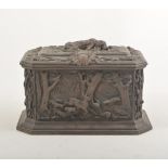 Late 19th Century cast and patinated metal casket, the fields with hunting scenes,