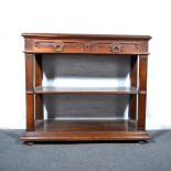 French walnut two tier folding serving table, in the Gothic style with inset marble top,
