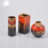 Eric Leaper, three pottery vases, one square section, one cylindrical, the third swollen form, 14.