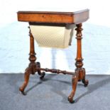 Victorian walnut work table, moulded rectangular top, compartmented interior,