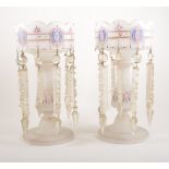 Pair of Victorian lustre vases, opaque glass hand painted with mauve and blue enamels, 32cm high.