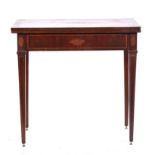 Edwardian walnut folding card table, inlaid motifs and box strung outlines, W78.5cm x D40cm x H77.