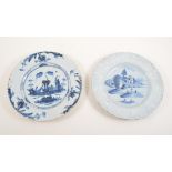 One Bristol Delft plate, painted with landscape, diameter 23cm, another Delft circular plate.