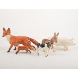 Beswick model of a Fox; another smaller; Beswick Thrush; Chaffinch; Pig; Donkey and Calf,