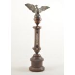 Victorian turned wood table thermometer, surmounted with silvered metal eagle, 39cm.