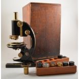 Carl Zeiss 'Jena' brass microscope with case and parts, no 195092.