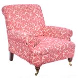 Easy chair, mahogany effect supports with pink and gilt acanthus pattern uholstery.