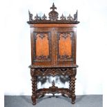 Queen Anne style Victorian cabinet on stand, burr walnut, oak and mahogany,