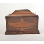 A mahogany Adam style casket, the four sides inlaid with decorative urns having bell flower swags,