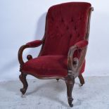 Victorian mahogany framed armchair, scroll back and arms, serpentine seat, cabriole legs,