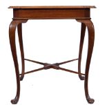 Edwardian walnut window table, square top with shaped moulded corners,