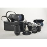 Assorted camera equipment and accessories including, Pentax SP1000 with Takumar 55mm lens,