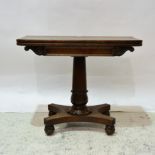 Early Victorian rosewood card table, rectangular foldover top with rounded corners,