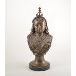 Cast metal bust of Queen Victoria, circular varigated marble plinth, 41cm.