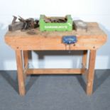 Pine work bench, 119cm, with vice; a collection of woodworking planes and hand tools.