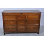 Joined oak mule chest, mid 18th Century, rectangular boarded top,