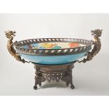 Longwy pottery bowl, Asian design on craquelure ground, metal mounts,