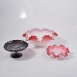 Victorian milk glass table centre bowl, with pink tinted crimped outline,