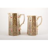Two Staffordshire pottery jugs, octagonal form, floral transfer print outlined with gilt highlights,
