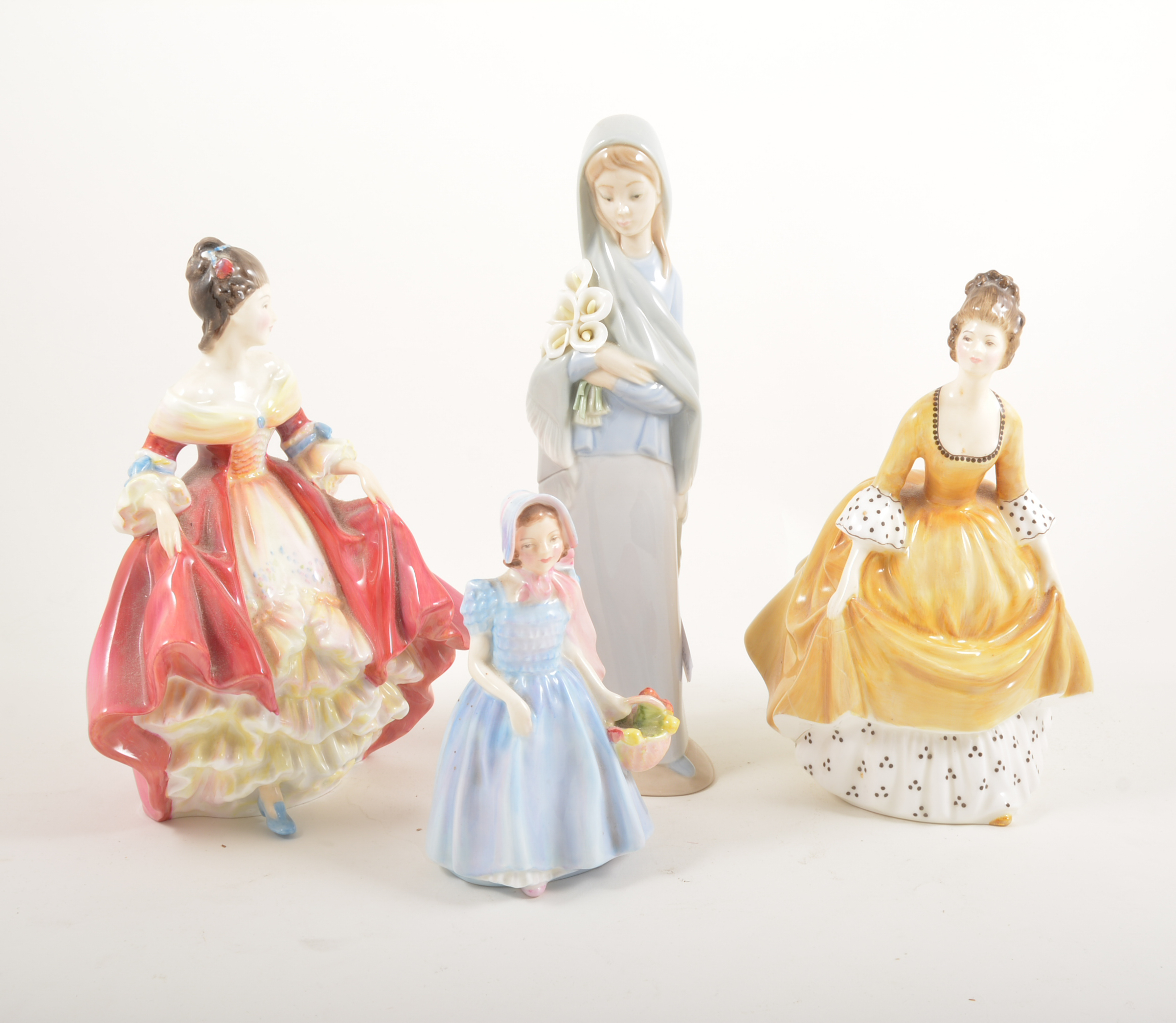 Three Doulton ladies, Southern Belle, HN2229, Coralie, HN2307, Wendy, HN2109, and Lladro figure,