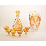 Amber overlaid glass vase, brandy balloon, liqueur set.