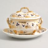 Derby porcelain sauce tureen, cover on stand, gilt grape vine design with blue leaves,