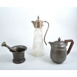 Pewter teaware, glass claret jug with silver-plated mounts, mortar and pestle,