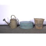 Lead watering can, lead bucket and an oval metal cache pot, (3).