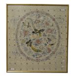 Two framed and glazed embroidered Chinese silk panels, floral design, 85cm x 76cm,