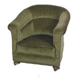 1920s tub chair, green dralon upholstery, bun feet, width 76cm.