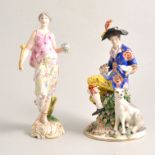 Dresden porcelain figure, of a young man with attendant hound, painted and encrusted decoration,