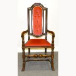 Edwardian painted beech elbow chair, spindle back, serpentine feet,