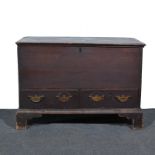 Victorian stained pine mule chest, rectangular boarded hinged lid, fitted with two drawers,