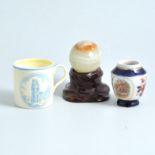 A tray of miniature collectable ceramics and class, a small Satsuma teapot with cane handle,