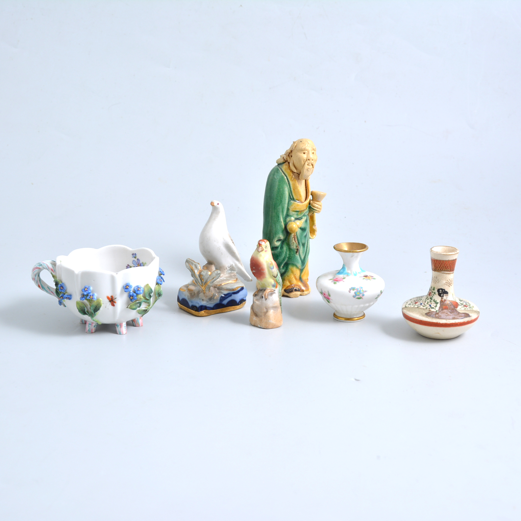 Small decorative and ornamental china, including miniature Satsuma vase, Meissen goat,