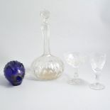 Three Edwardian cut-glass decanters with stoppers, height 30cms, a ship's decanter,