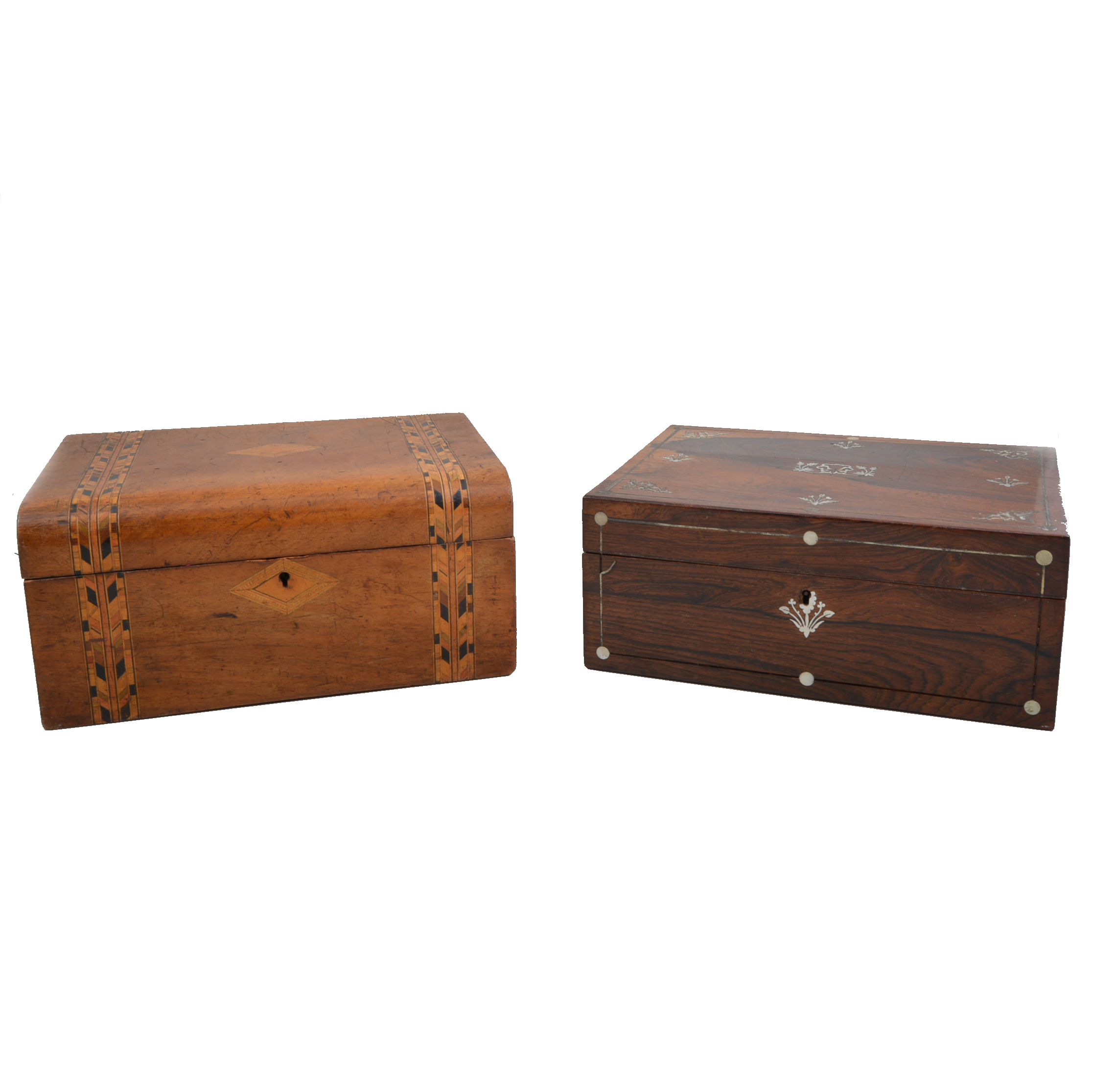 A rosewood work box with mother-of-pearl inlay,