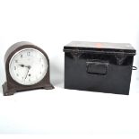 Enfield Bakelite cased mantel clock, brass oil lamp, Art Deco lampshade, vintage tin medicine box,