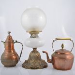 Two oil lamps, jam pan, fire irons and other metalware.