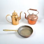 Box of brass and metalware, including warming pan and kettles.