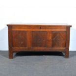 Joined oak coffer, 18th Century rectangular boarded hinged lid, front with three panel,