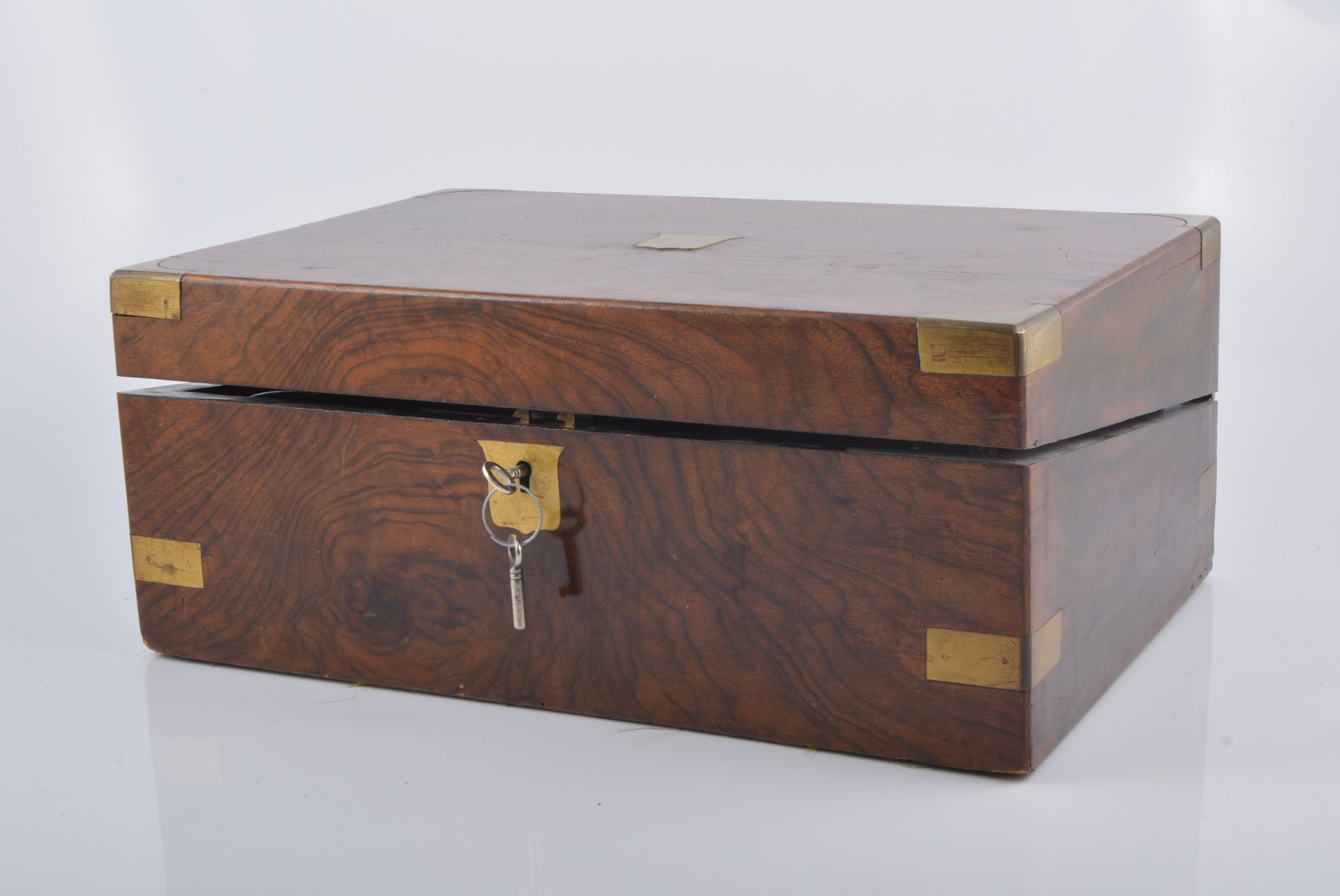 Victorian burr walnut writing box, brass mounts, fitted interior, width35cm.