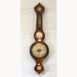 Victorian rosewood five-dial barometer, shaped ends, silvered dials, length 28cms.