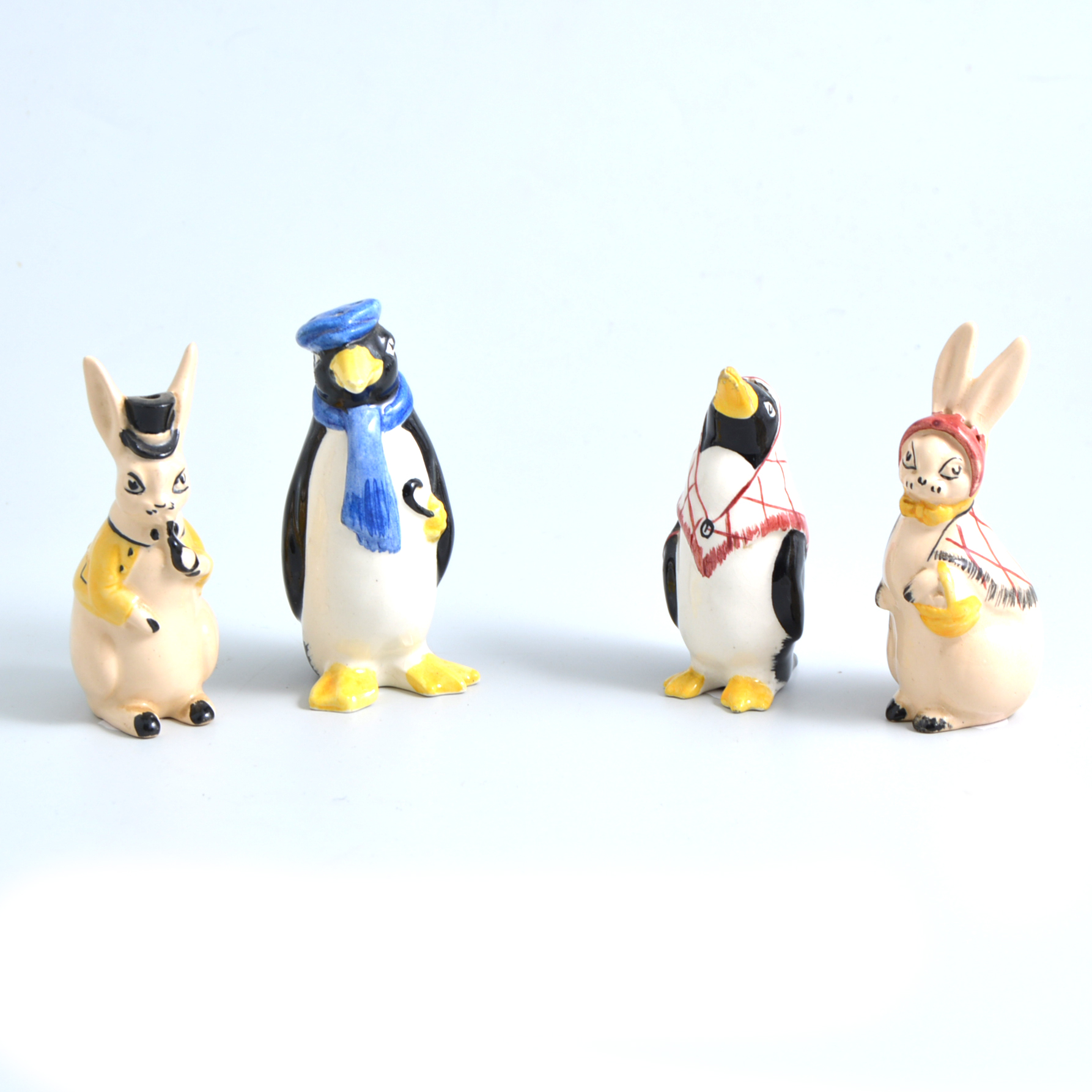 Wade - Penguin salt and pepper, Mr & Mrs Pots 1948, Rabbit family salt and pepper,