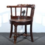 Oak hoop-back chair, bobbin turned spindle, circular dished seat, splayed leg joined by rails,