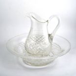Cut-glass jug and bowl set, comprising a pear-shaped ewer, 32cm, a basin and a vase, (5).