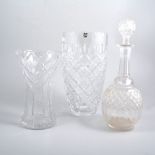 A collection of cut glass, a 25cm Thomas Webb vase and another similar, large fruit bowl and dishes,